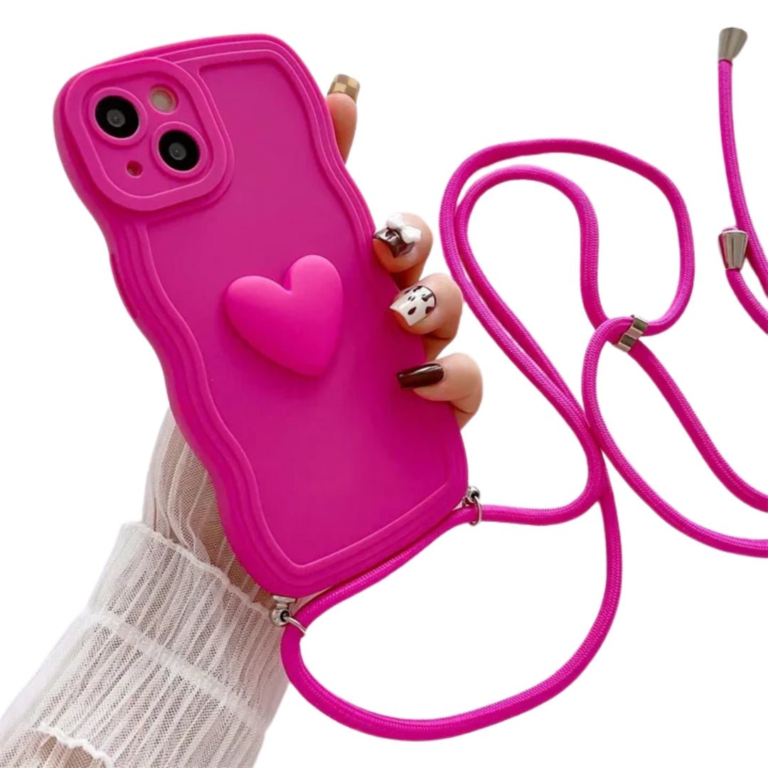 Luxury Crossbody Necklace Lanyard 3D Love Heart Wave Border Soft Case For iPhone 16 15 14 Pro Max 13 12 11 X XS XR 7 Plus Cover
