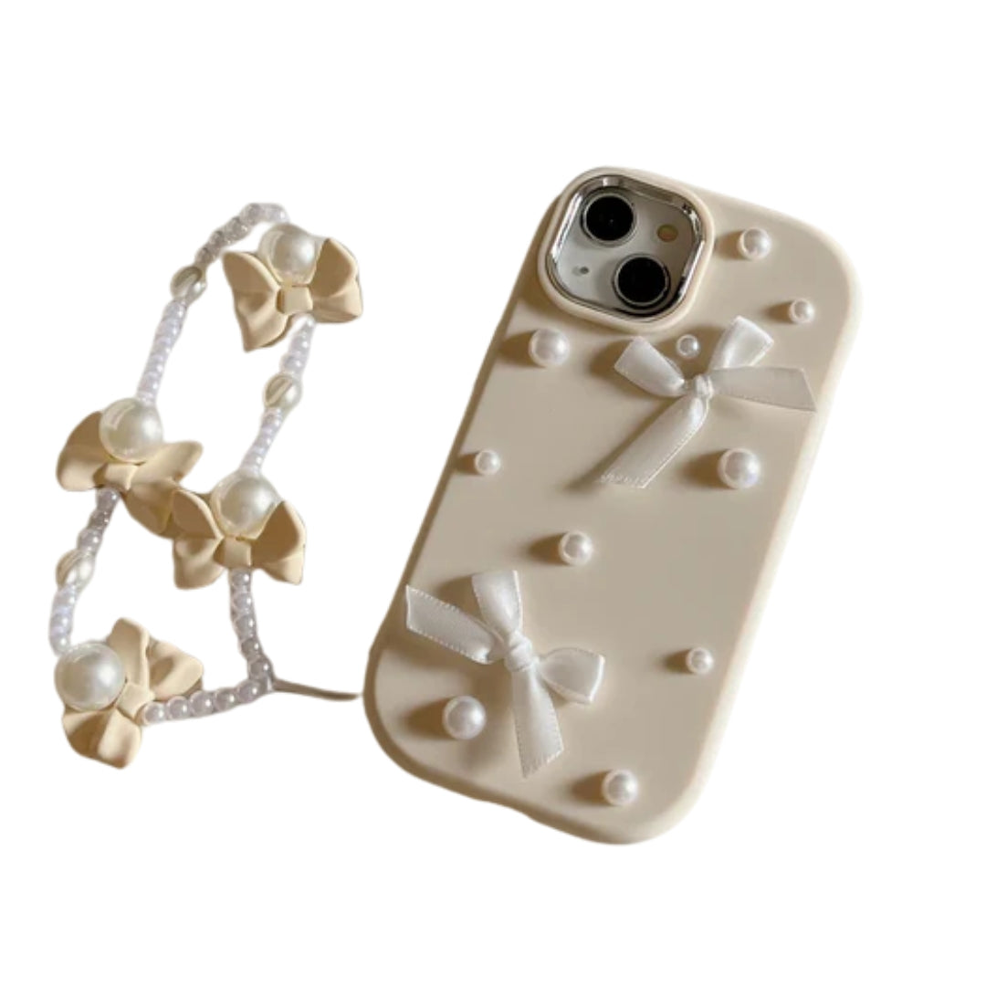 For iPhone 15 14 13 12 11 Pro Max Case 3D Pearl Bowknot Drop-proof Silicone Protective Cover