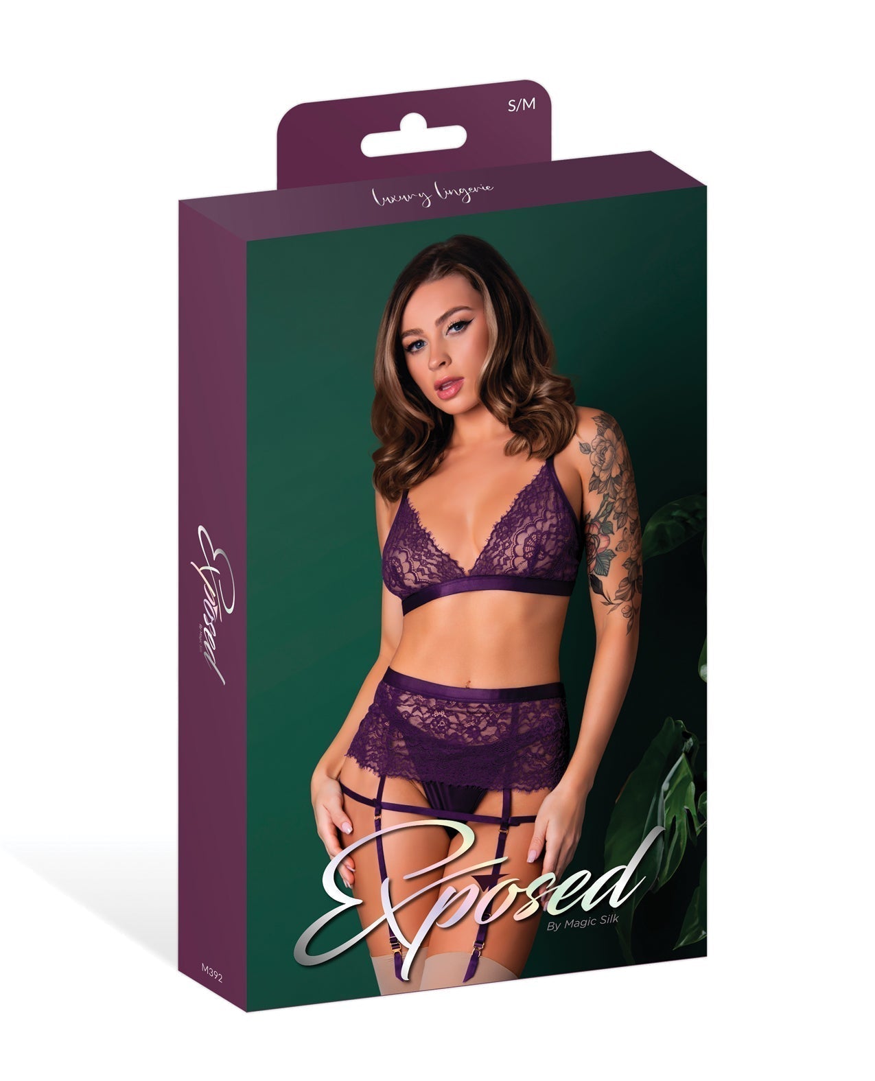 Leather & Lace Stretch Mesh and Lace Bralette w/Garter & Thong 3 pc Set - Plum S/M