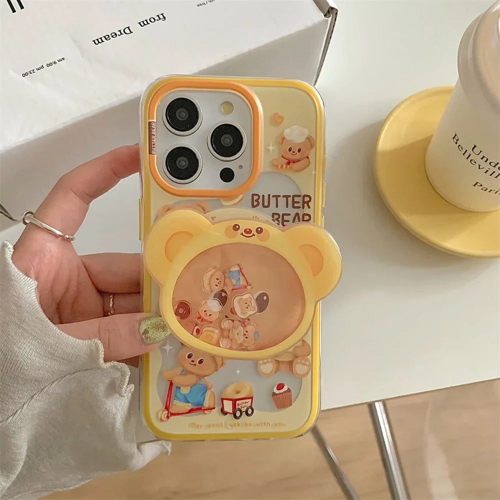 Magnetic Holder Phone Case for Iphone16 15 14 13ProMax 3D Cartoon Butter Bear High Quality Shockproof Soft Cute Anti-drop Cover