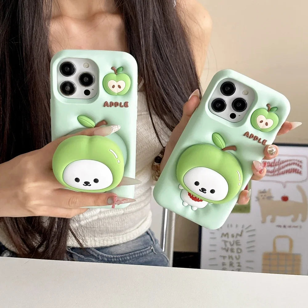 Cute Apple holder Stand Phone Case for IPhone16e 16 15 14 13Pro Max Plus Shockproof Silicone Soft Anti-drop luxury Back Cover
