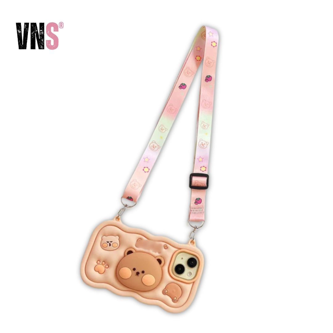 Kawaii Cartoon Case For iPhone 16 15 14 Plus 13 12 Pro Max Soft Silicone Stand Holder Cover With Strap