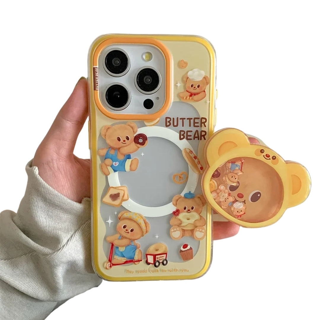 Magnetic Holder Phone Case for Iphone16 15 14 13ProMax 3D Cartoon Butter Bear High Quality  Shockproof Soft Cute Anti-drop Cover