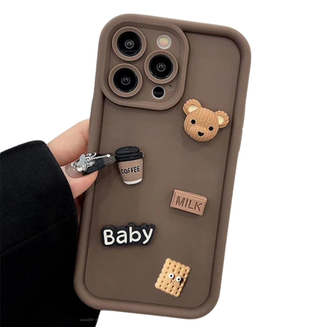 Case For iPhone 15 12 11 13 14 Pro Max 16 Pro 7 8 Plus X XS XR 15pro Cases Soft Matte Cover Cute 3D Bear Coffee Cartoon Silicone