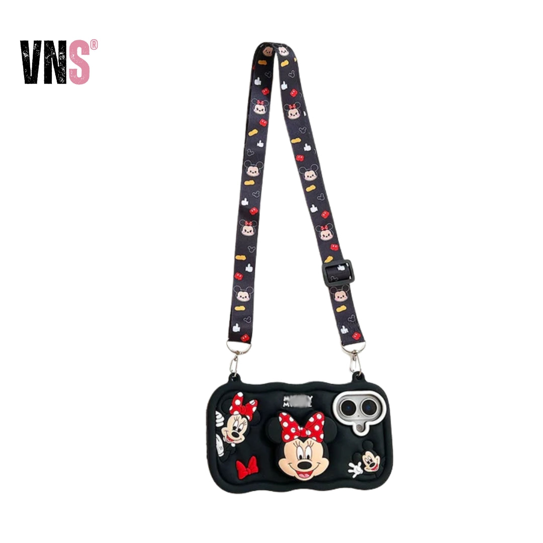 Kawaii Cartoon Case For iPhone 16 15 14 Plus 13 12 Pro Max Soft Silicone Stand Holder Cover With Strap