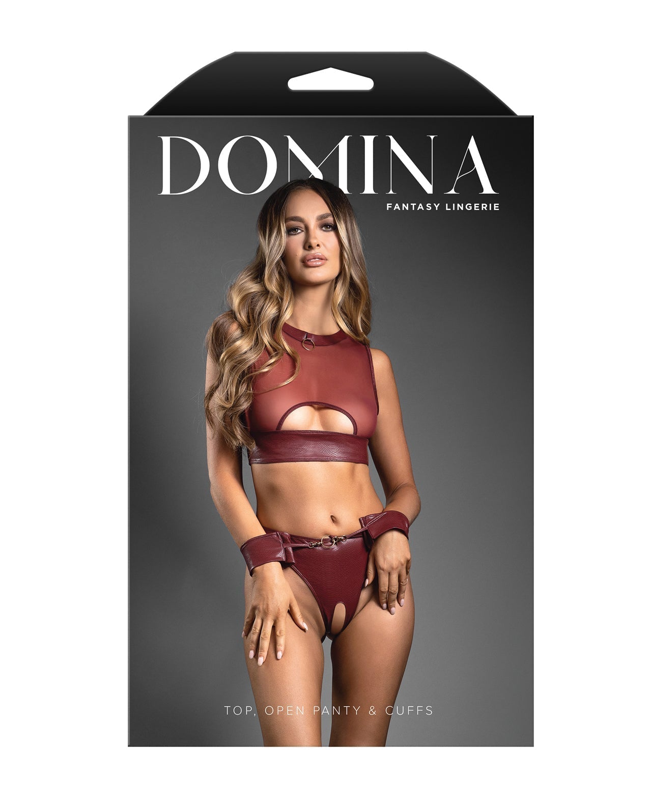 Domina Sheer Mesh & Vegan Leather 3 pc Set w/Crotchless Panty & Handcuffs - Burgundy M/L