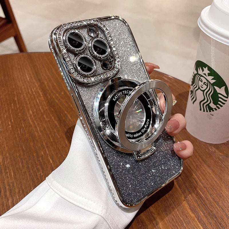 Luxury Plating For Magsafe Magnetic Stand Holder Glitter Diamond Case For iPhone 16 15 11 12 13 14 Pro Max Soft Silicone Cover