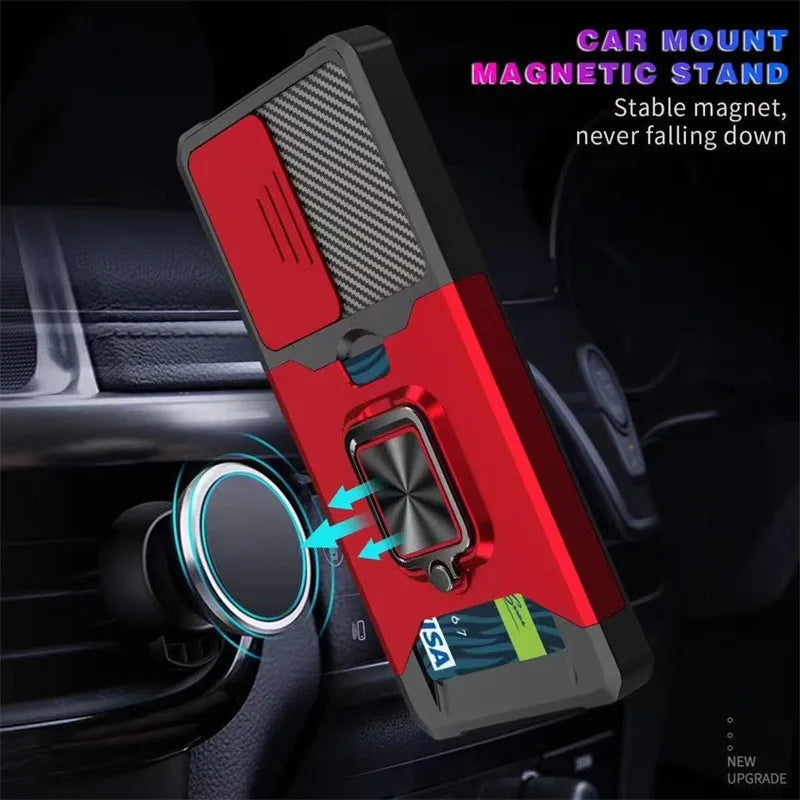 For Samsung S24 S23 S22 Ultra Phone Case Ring Holder Card Insertion Lens Push Window Protection Anti Drop Back Cover