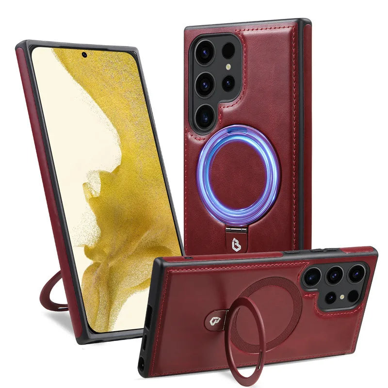 Luxury Magnetic Bracket PU Leather Phone Case, For Samsung Galaxy Series S25 S24 S23 S22 Ultra Magsafe Wireless Charging Case