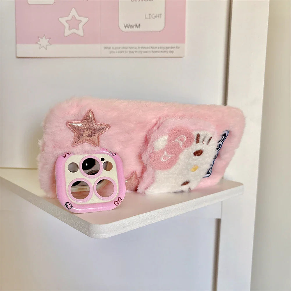Camera Holder Stand Shockproof Phone Case For iPhone 11 12 13 14 15 16 Pro Max Plus Bumper Cute 3D Fur Fluffy Cover
