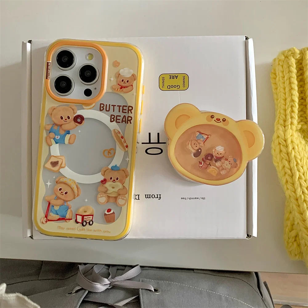 Magnetic Holder Phone Case for Iphone16 15 14 13ProMax 3D Cartoon Butter Bear High Quality  Shockproof Soft Cute Anti-drop Cover