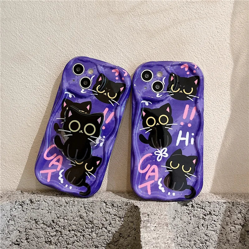 Cute Dark Cat Grip Tok Holder Wave TPU Soft Phone Case for Samsung Galaxy S23 Ultra S24 Plus S25 S22 S21 S20 FE A30S A51 A31 A50