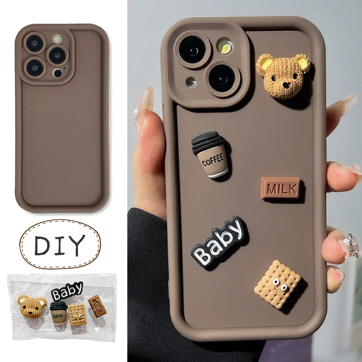 Case For iPhone 15 12 11 13 14 Pro Max 16 Pro 7 8 Plus X XS XR 15pro Cases Soft Matte Cover Cute 3D Bear Coffee Cartoon Silicone