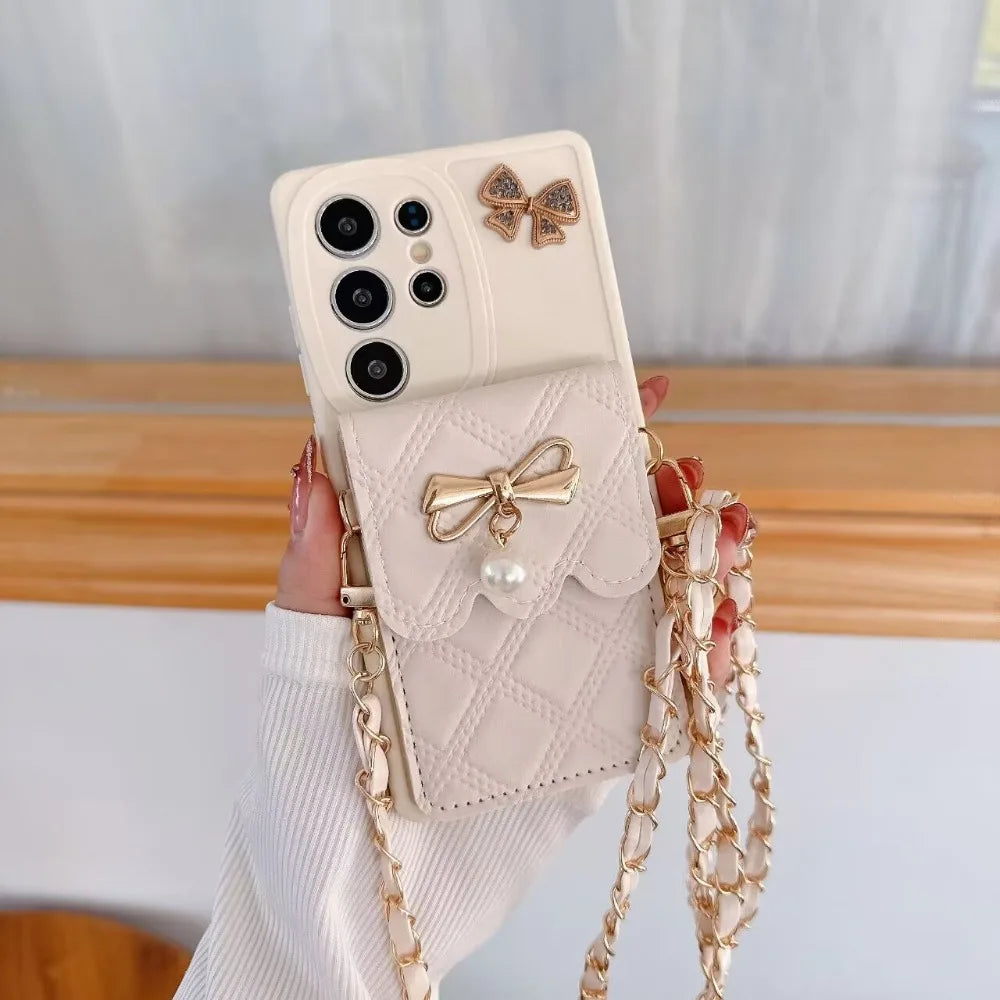 3D Bowknot Crossbody Card Holder Wallet Phone Case For Samsung Galaxy S25 Ultra S24 S23 S21 S20 FE S22+ Plus Note 20 Soft Cover