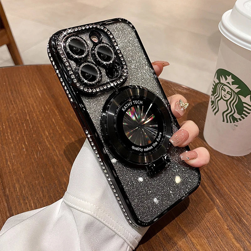 Luxury Plating For Magsafe Magnetic Stand Holder Glitter Diamond Case For iPhone 16 15 11 12 13 14 Pro Max Soft Silicone Cover