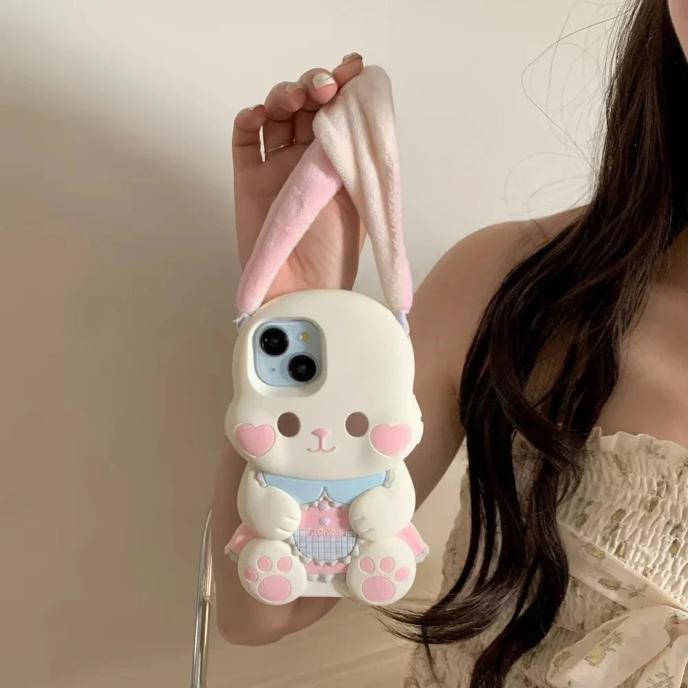 Cute Cartoon 3D portable ears Pink Love heart Face Rabbit Phone Case for IPhone 15 14 13 12Pro Max Silicone Soft Anti-drop Cover