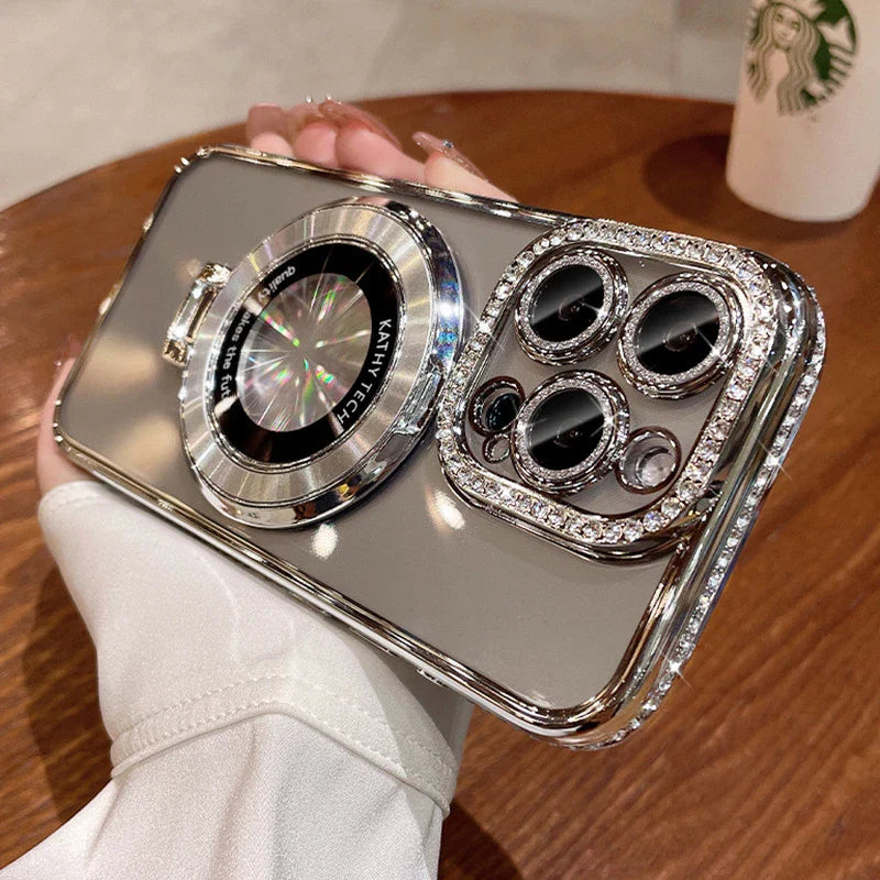 Luxury Plating For Magsafe Magnetic Stand Holder Glitter Diamond Case For iPhone 16 15 11 12 13 14 Pro Max Soft Silicone Cover