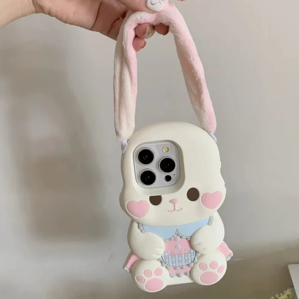 Cute Cartoon 3D portable ears Pink Love heart Face Rabbit Phone Case for IPhone 15 14 13 12Pro Max Silicone Soft Anti-drop Cover