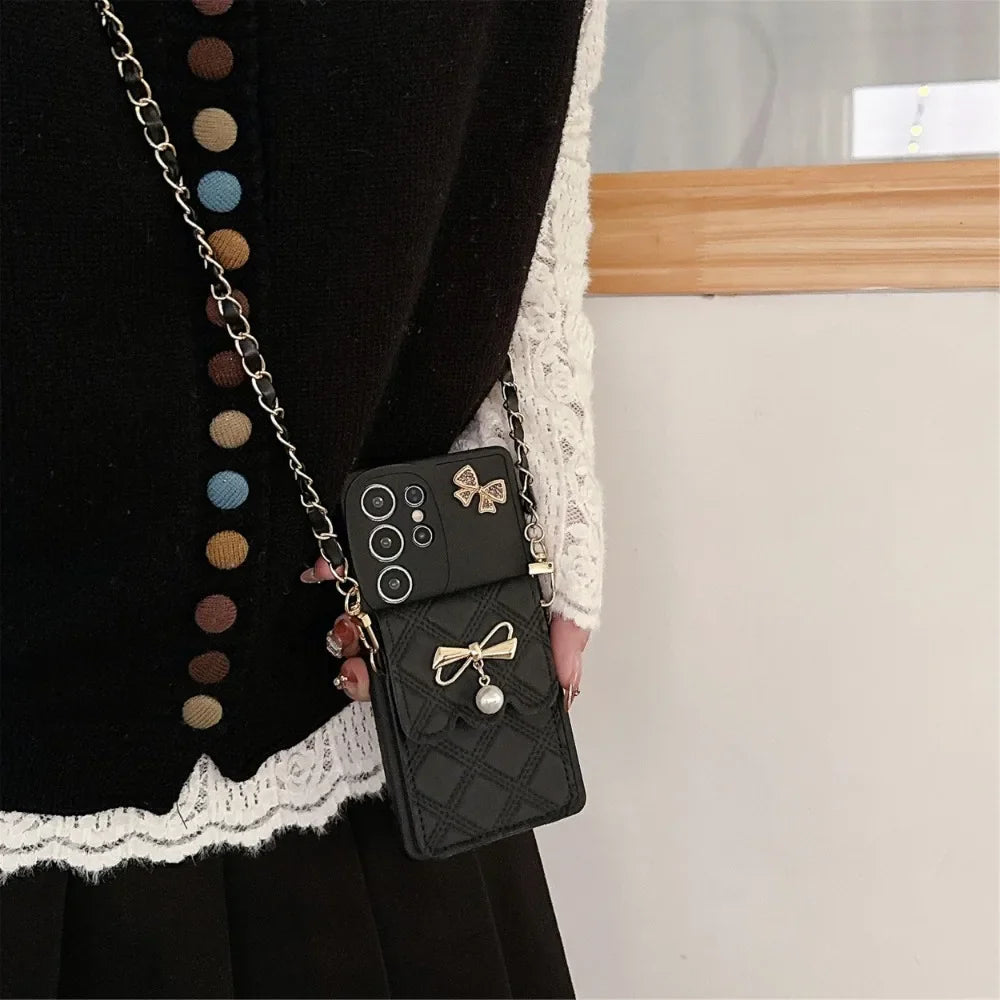 3D Bowknot Crossbody Card Holder Wallet Phone Case For Samsung Galaxy S25 Ultra S24 S23 S21 S20 FE S22+ Plus Note 20 Soft Cover