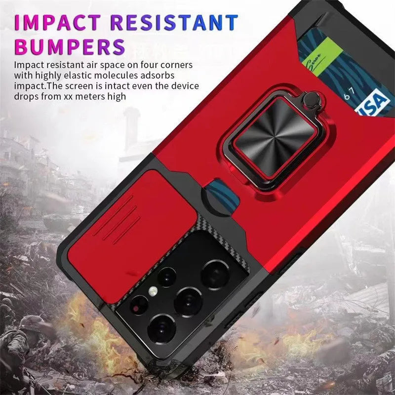 For Samsung S24 S23 S22 Ultra Phone Case Ring Holder Card Insertion Lens Push Window Protection Anti Drop Back Cover