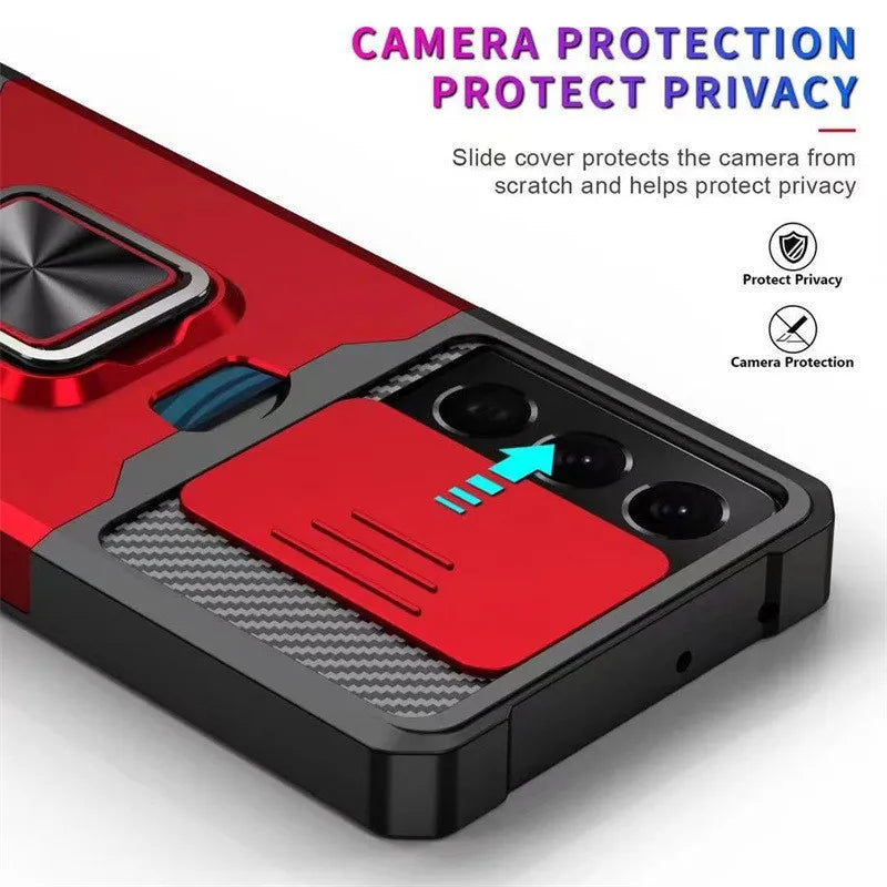 For Samsung S24 S23 S22 Ultra Phone Case Ring Holder Card Insertion Lens Push Window Protection Anti Drop Back Cover