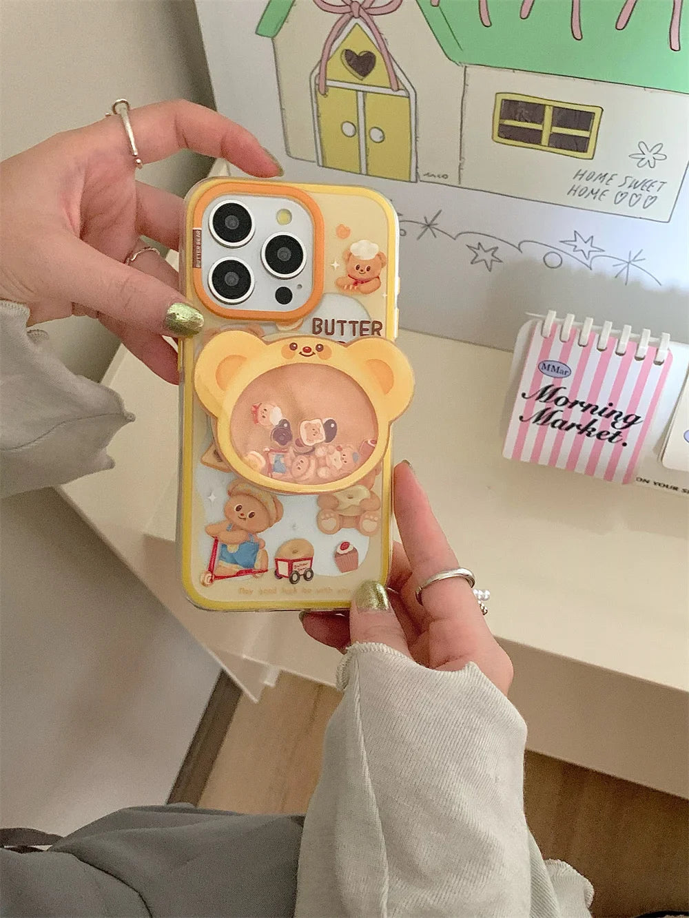 Magnetic Holder Phone Case for Iphone16 15 14 13ProMax 3D Cartoon Butter Bear High Quality  Shockproof Soft Cute Anti-drop Cover