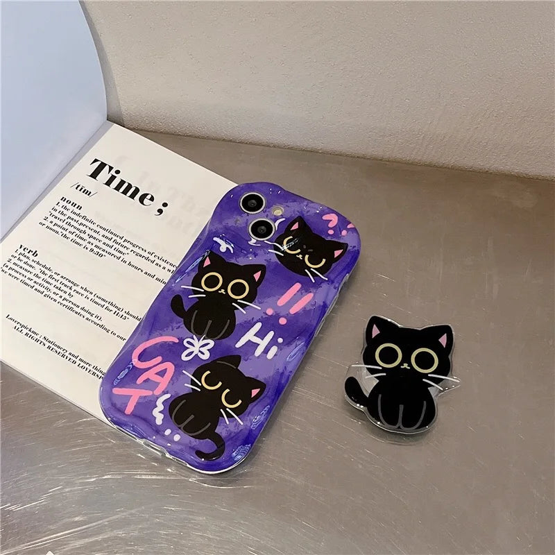 Cute Dark Cat Grip Tok Holder Wave TPU Soft Phone Case for Samsung Galaxy S23 Ultra S24 Plus S25 S22 S21 S20 FE A30S A51 A31 A50