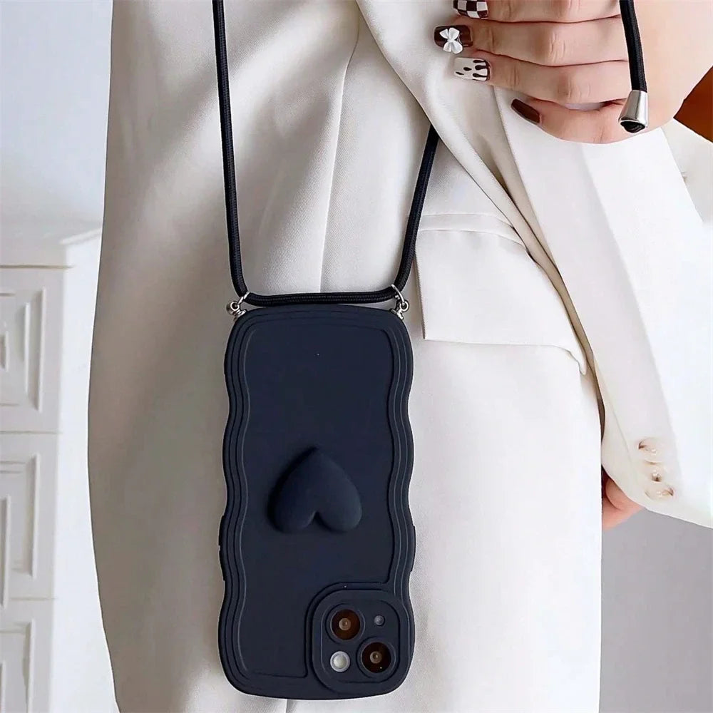 Luxury Crossbody Necklace Lanyard 3D Love Heart Wave Border Soft Case For iPhone 16 15 14 Pro Max 13 12 11 X XS XR 7 Plus Cover