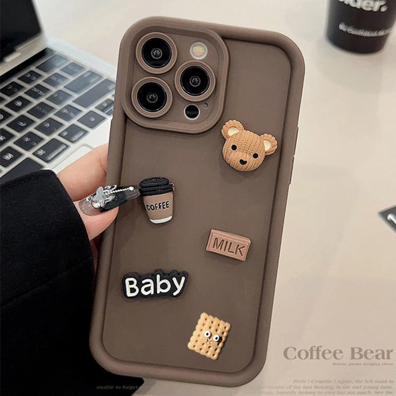 Case For iPhone 15 12 11 13 14 Pro Max 16 Pro 7 8 Plus X XS XR 15pro Cases Soft Matte Cover Cute 3D Bear Coffee Cartoon Silicone