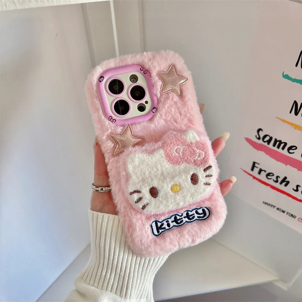 Camera Holder Stand Shockproof Phone Case For iPhone 11 12 13 14 15 16 Pro Max Plus Bumper Cute 3D Fur Fluffy Cover
