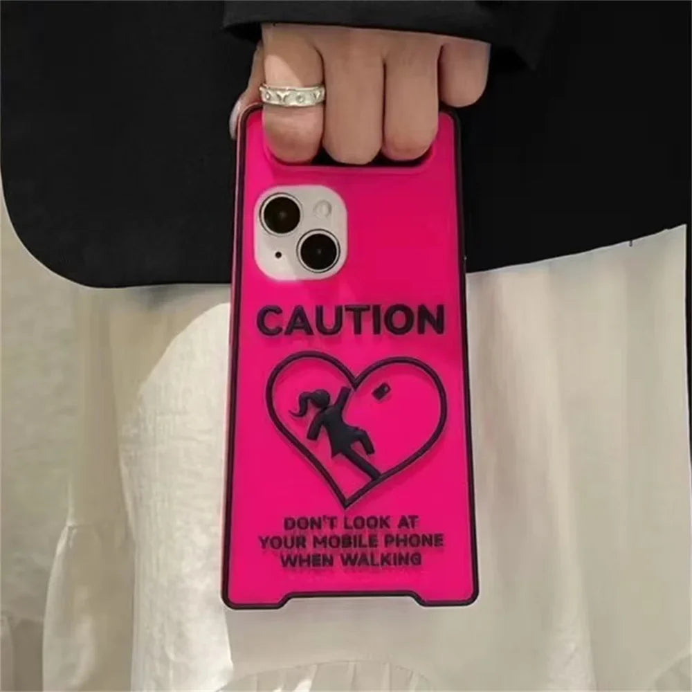 Glow-In-The-Dark Creative Funny Warning Sign Phone Case For iPhone16 15 13 14 12 11ProMax Lovely Street Fashion Soft Back Cover