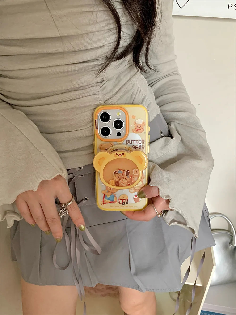 Magnetic Holder Phone Case for Iphone16 15 14 13ProMax 3D Cartoon Butter Bear High Quality  Shockproof Soft Cute Anti-drop Cover