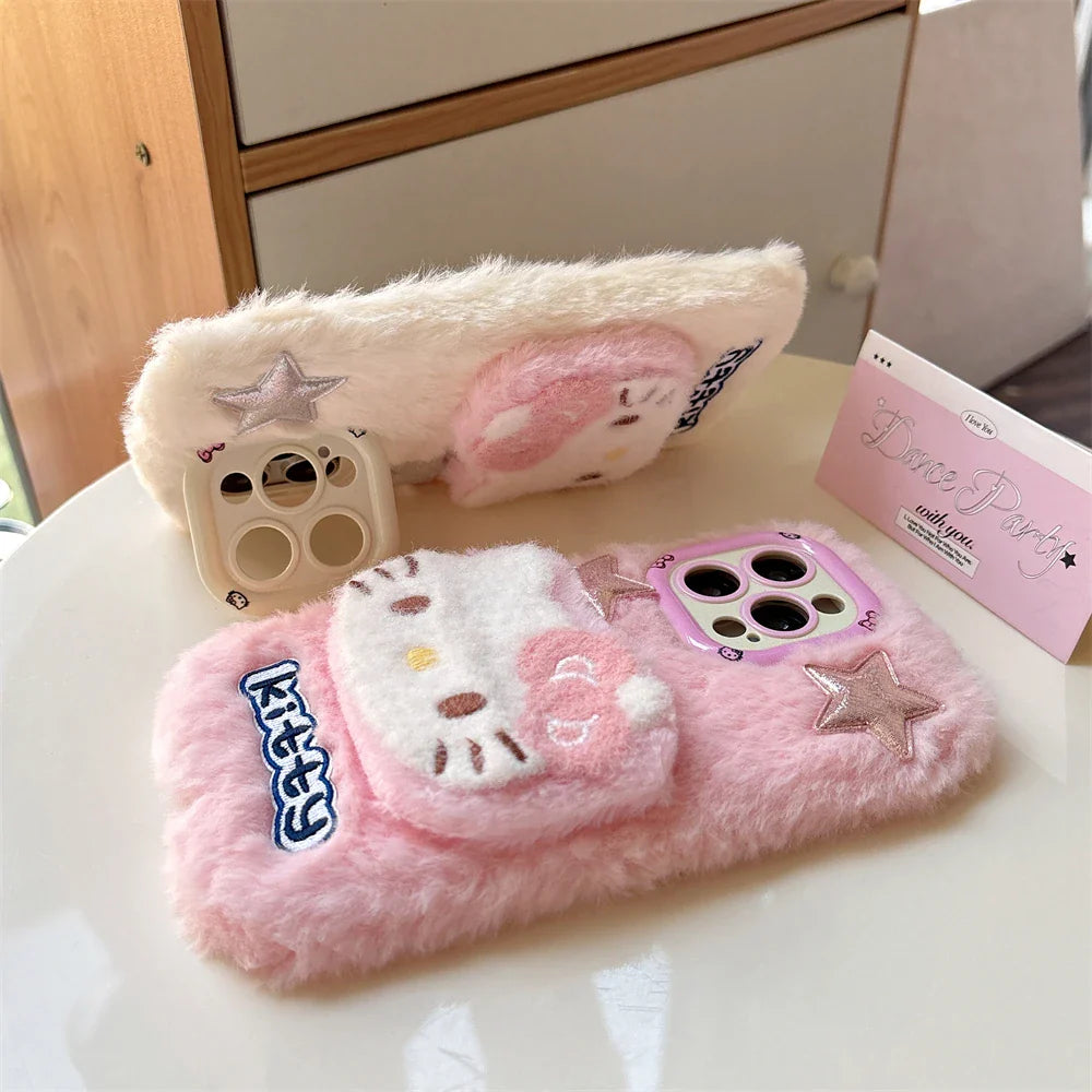 Camera Holder Stand Shockproof Phone Case For iPhone 11 12 13 14 15 16 Pro Max Plus Bumper Cute 3D Fur Fluffy Cover