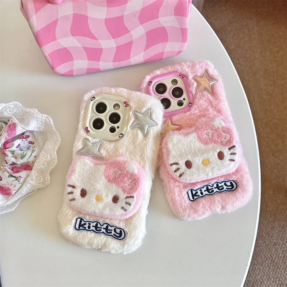 Camera Holder Stand Shockproof Phone Case For iPhone 11 12 13 14 15 16 Pro Max Plus Bumper Cute 3D Fur Fluffy Cover