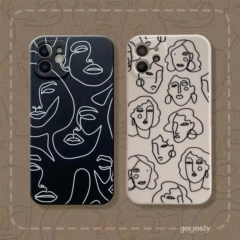 Luxury Soft Silicone Case for iPhone 13 12 11 Pro Max X XR XS 7 8 Plus SE 2020 Art Human Face Abstract Geometry Line Phone Cover
