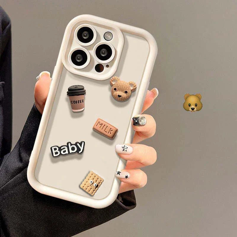 Case For iPhone 15 12 11 13 14 Pro Max 16 Pro 7 8 Plus X XS XR 15pro Cases Soft Matte Cover Cute 3D Bear Coffee Cartoon Silicone