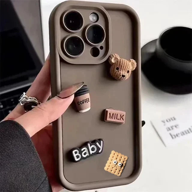 Case For iPhone 15 12 11 13 14 Pro Max 16 Pro 7 8 Plus X XS XR 15pro Cases Soft Matte Cover Cute 3D Bear Coffee Cartoon Silicone