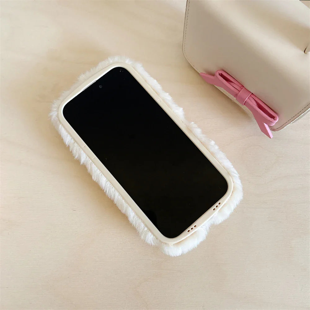 Camera Holder Stand Shockproof Phone Case For iPhone 11 12 13 14 15 16 Pro Max Plus Bumper Cute 3D Fur Fluffy Cover